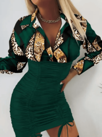 Women's Printed Waist Cinching Drawstring Pleated Hip Hugging Dress (Option: Green-S)