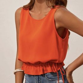 Ladies' Solid Color Waist Drawstring Ruffle Hem Design, Fashionable Sleeveless Head Casual Style Vest Top (Option: Orange-XXL)