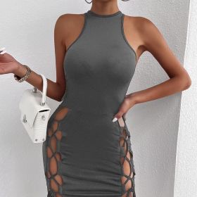 Women's Solid Color Sleeveless Skirt With Slit And Cross Tie, Sexy Tight Fitting Hip Hugging Dress, Short Skirt (Option: Grey-XL)