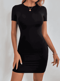 Ladies' Round Neck Solid Color Slim Fit Fashionable Dress (Option: Black-S)