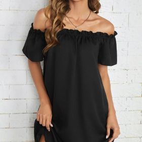 Ladies' Fashion Off Shoulder Ruffle Solid Color Decorative One Shoulder Casual Dress (Option: Black-XXL)