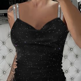 Women's Solid Color V-neck Rhinestone Shoulder Strap Sequin Fashionable And Sexy Camisole Vest (Option: Black-S)
