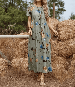 Women's Printed Round Neck Fashionable Casual Short Sleeved Home Long Skirt (Option: Grey-XXL)