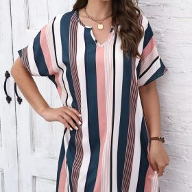 Ladies' Contrasting Striped Print Notch V-neck Short Casual Loose Dress (Option: MU-XXL)