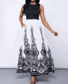 Ladies' Round Neck Printed A-list Fashionable Dress (Option: White-XXL)