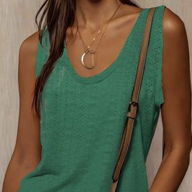 Ladies' Sleeveless Eyelets Embroidered Round Neck Casual Summer Vest Suspender (Option: Green-S)