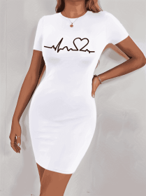 Ladies' Round Neck Solid Color Letter Printed Fashionable Dress (Option: White-S)