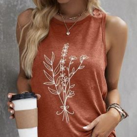 Women's Round Neck Simple Plant Print Versatile Fashion Vacation Style Vest Top (Option: Orange-XXL)