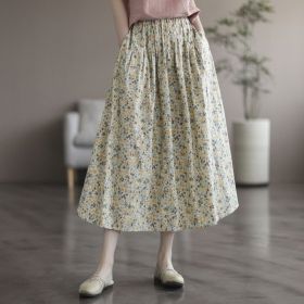 Artistic Floral Washed Cotton Sweet Neighbor's Beautiful Printed Skirt (Option: Little Yellow Flower-M)