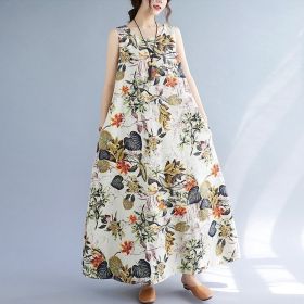 Printed Cotton Linen Round Neck Sleeveless Dress Women's (Option: Orange-M)