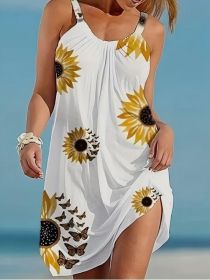 Plus Size Sleeveless Camisole Sunflower Printed Vest Elegant Wrap Women's Sexy Party Casual Loose Dresses (Option: White-2XL)