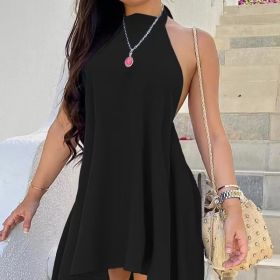 Women's Solid Color Neck Hanging Black Sexy Dress (Option: Black-XL)