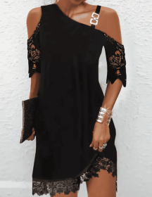 Ladies' Solid Color Off Shoulder Tassel Design Fashionable Dress (Option: Black-S)