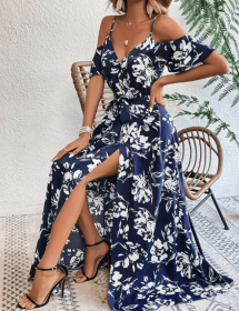 Flower Print Split Suspender Dress With Lace-up Design Summer Fashion Long Dresses Beach Clothing For Women (Option: Navy Blue-S)