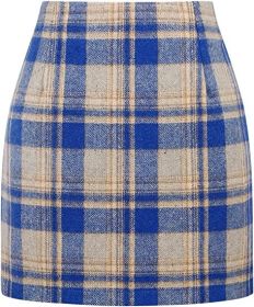 Women's High Waist Plaid Tight Pencil Wool Mini Skirt (Option: Dream Blue-M)