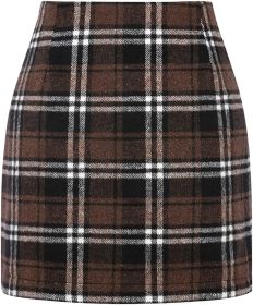 Women's High Waist Plaid Tight Pencil Wool Mini Skirt (Option: Dark Coffee Color-L)