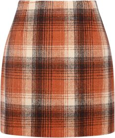 Women's High Waist Plaid Tight Pencil Wool Mini Skirt (Option: Orange-L)