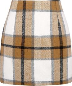 Women's High Waist Plaid Tight Pencil Wool Mini Skirt (Option: Light Khaki Grid-L)