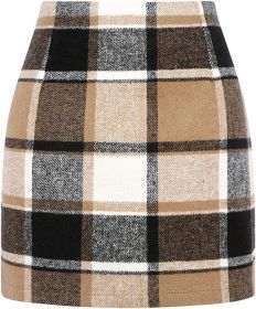 Women's High Waist Plaid Tight Pencil Wool Mini Skirt (Option: Deep Khaki Grid-L)