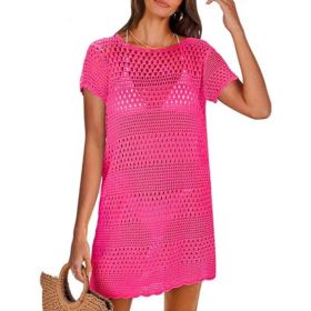 Knitted Short Sleeve Cutout Blouse Women's Swimming Vacation (Option: Rose Red-XL)